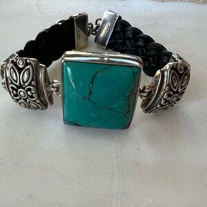 Turquoise and Sterling Silver and woven black leather Women's Bracelet